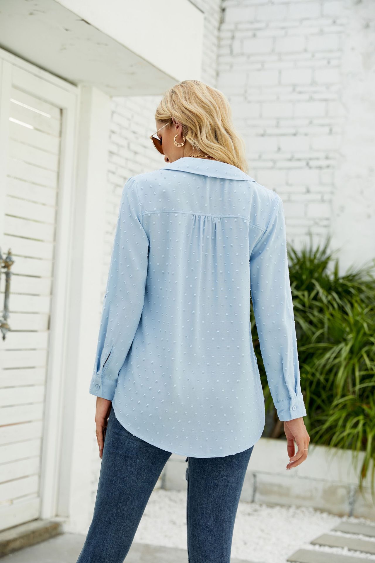 跨境欧美女装亚马逊秋冬新款立领长袖衬衫提花毛球休闲宽松上衣女详情8