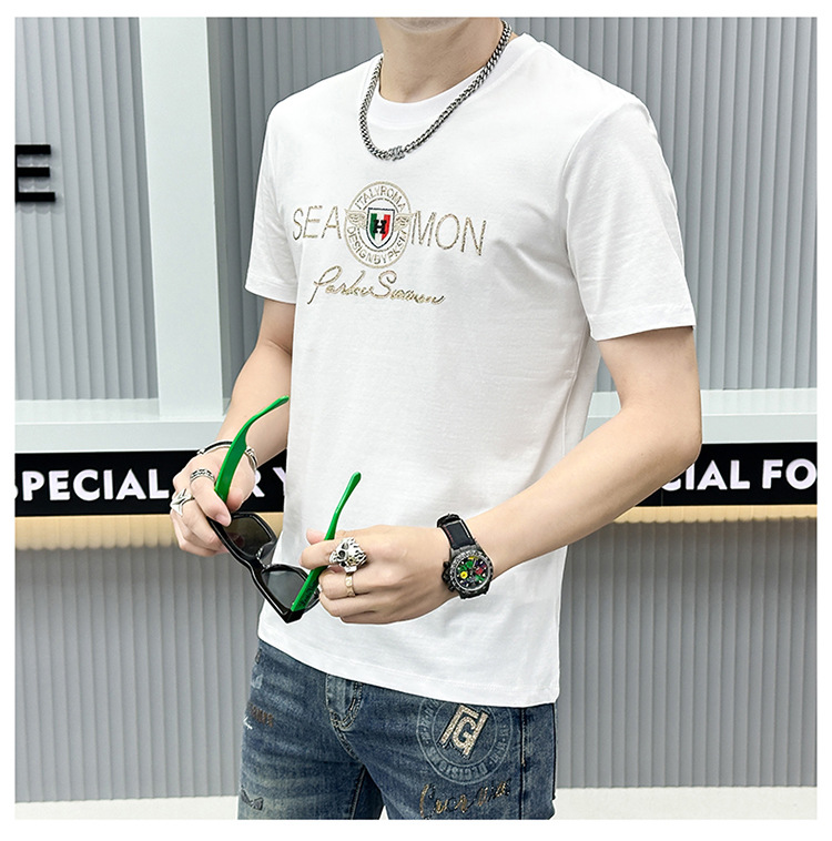 2024年夏季新款男士字母休闲时尚烫钻印花透气圆领修身短袖T恤衫详情9