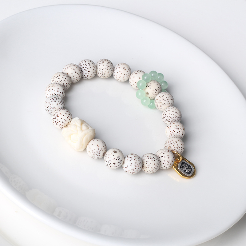 Retro star and moon Bodhi single-loop bracelet, national trend white jade Tara, lion dance running ring bracelet, Buddhist prayer beads, cultural and artistic jewelry pic 7
