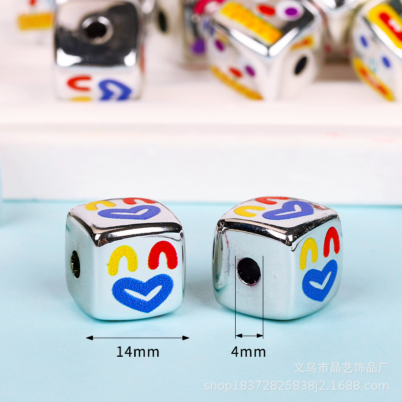 14mm bright silver square fun expression acrylic bead perforated diy hair tie hair accessory bracelet accessory pic 1