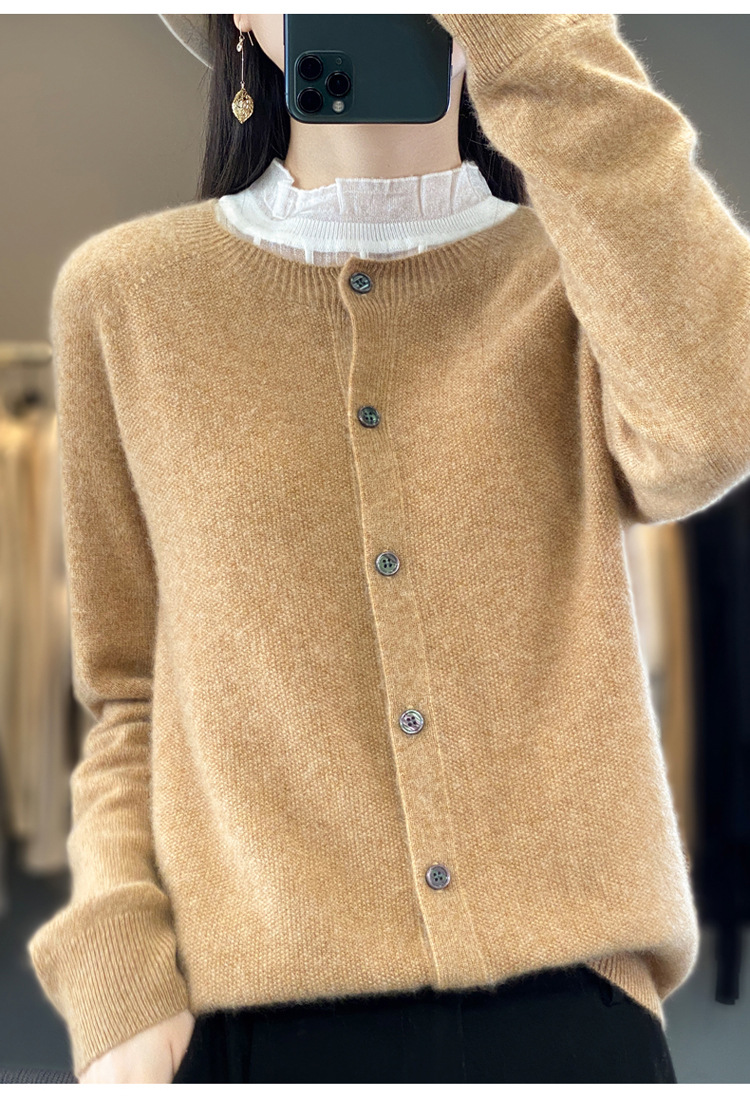 爆款批发秋冬季新款纯羊毛桂花针开衫宽松大码圆领羊毛衫详情18