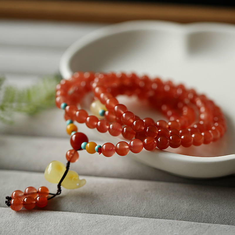 DIY original Liangshan Nanhong agate bracelet, natural cherry red bracelet, hanging beeswax gourd, circling 4 times, good luck for women pic 4