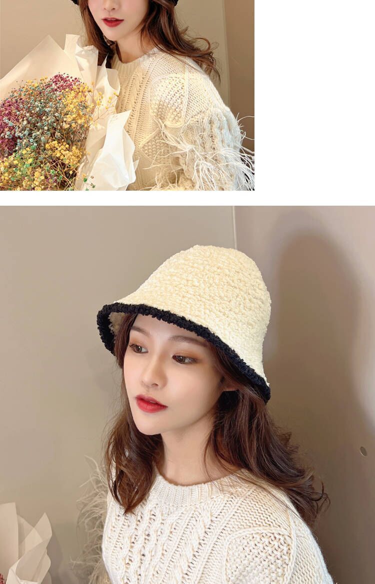 秋冬加绒保暖渔夫帽羊羔绒盆帽女生冬季潮流拼色时尚百搭毛绒帽子详情10