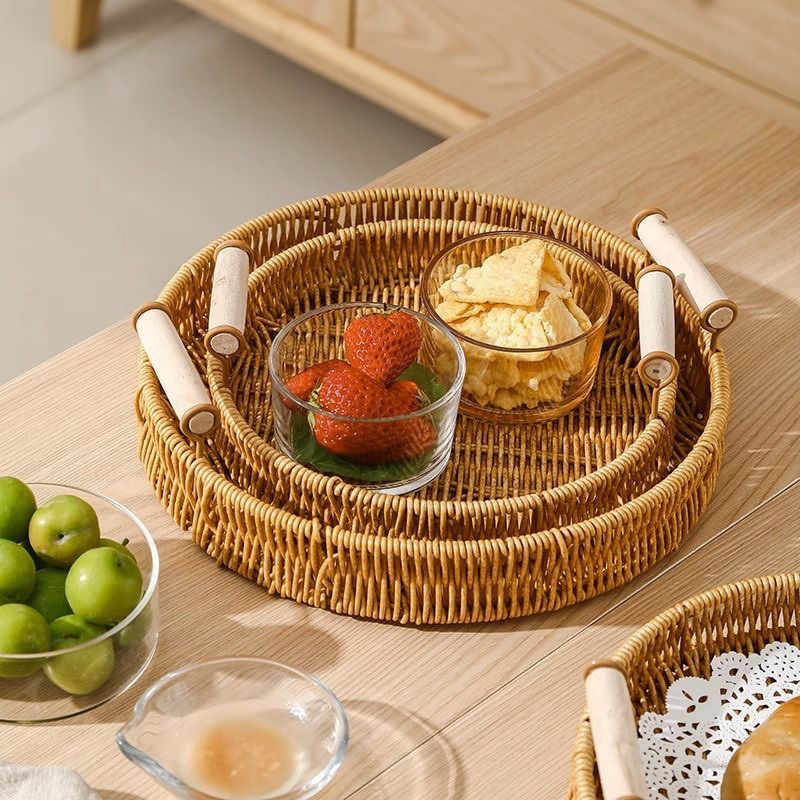 仿藤水果盘手工编织日式面包篮馒头筐客厅家用收纳筐藤编双耳托盘详情2