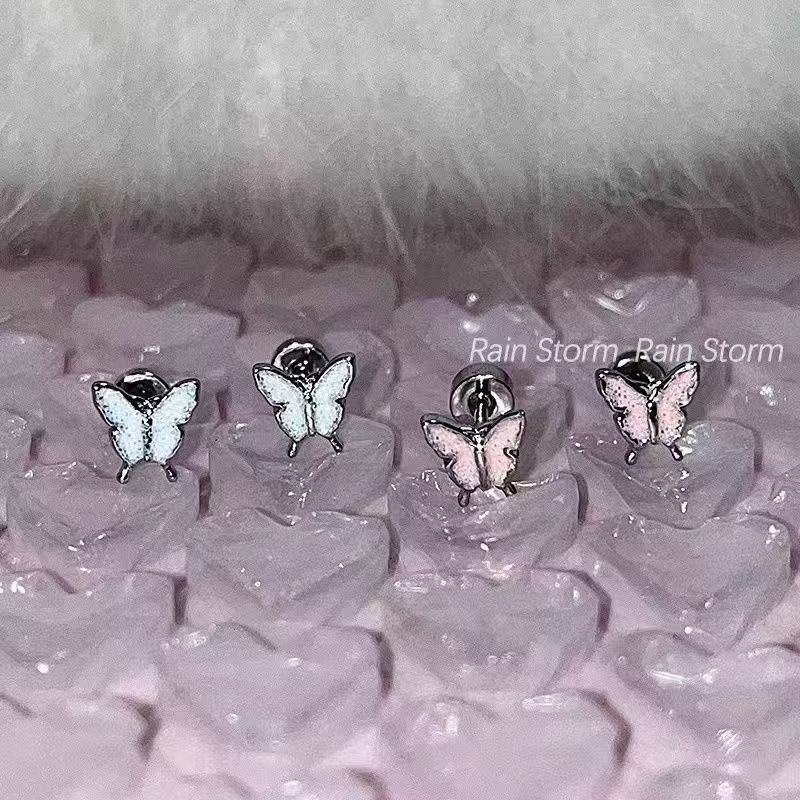 粉白蝴蝶韩版韩式平底耳骨钉钛钢拧螺丝耳蜗钉小众气质滴釉耳钉详情1