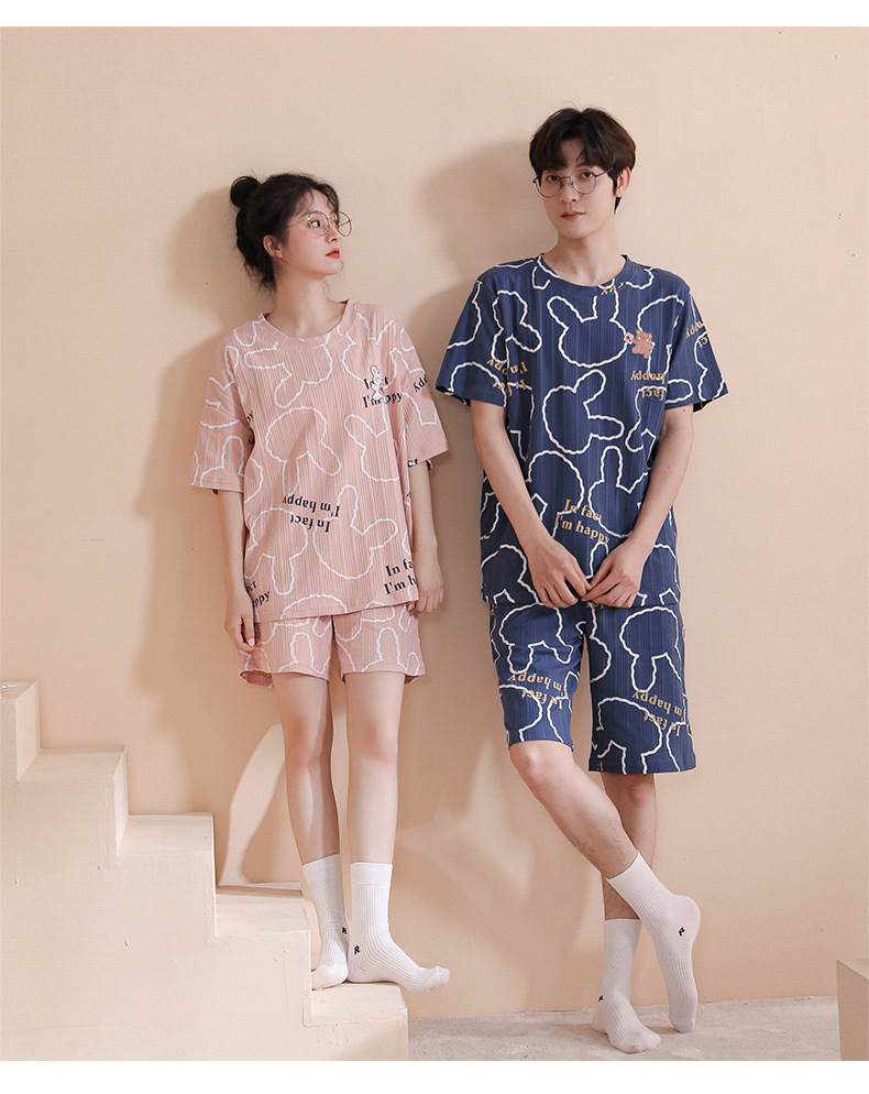 Novedades pareja manga corta pantalones cortos pijamas mujer verano slim algodón peinado hombre traje de hogar suelto casual cartoon pic 76