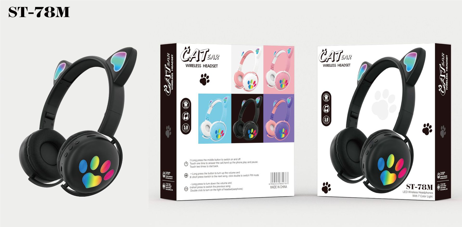 The original factory of the new cat ear over-ear wireless Bluetooth headphones ST78M cat paw LED fashionable neutral FM headset pic 4