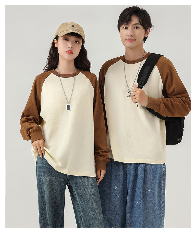 A 250-gram pure cotton off-the-shoulder threaded cuff round-neck long-sleeved T-shirt for women, featuring a loose, color-blocked base layer pic 16