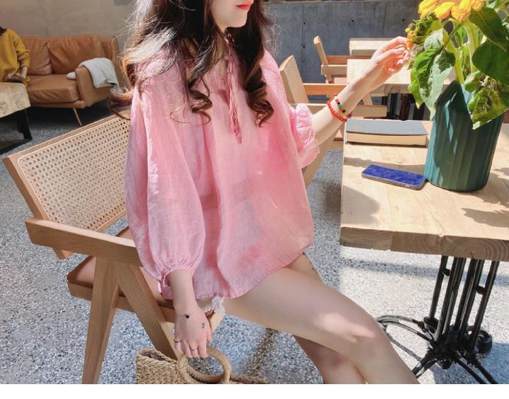 娃娃衫大码衬衫韩版棉麻上衣女式夏款宽松透气七分袖防晒小衫T恤详情11