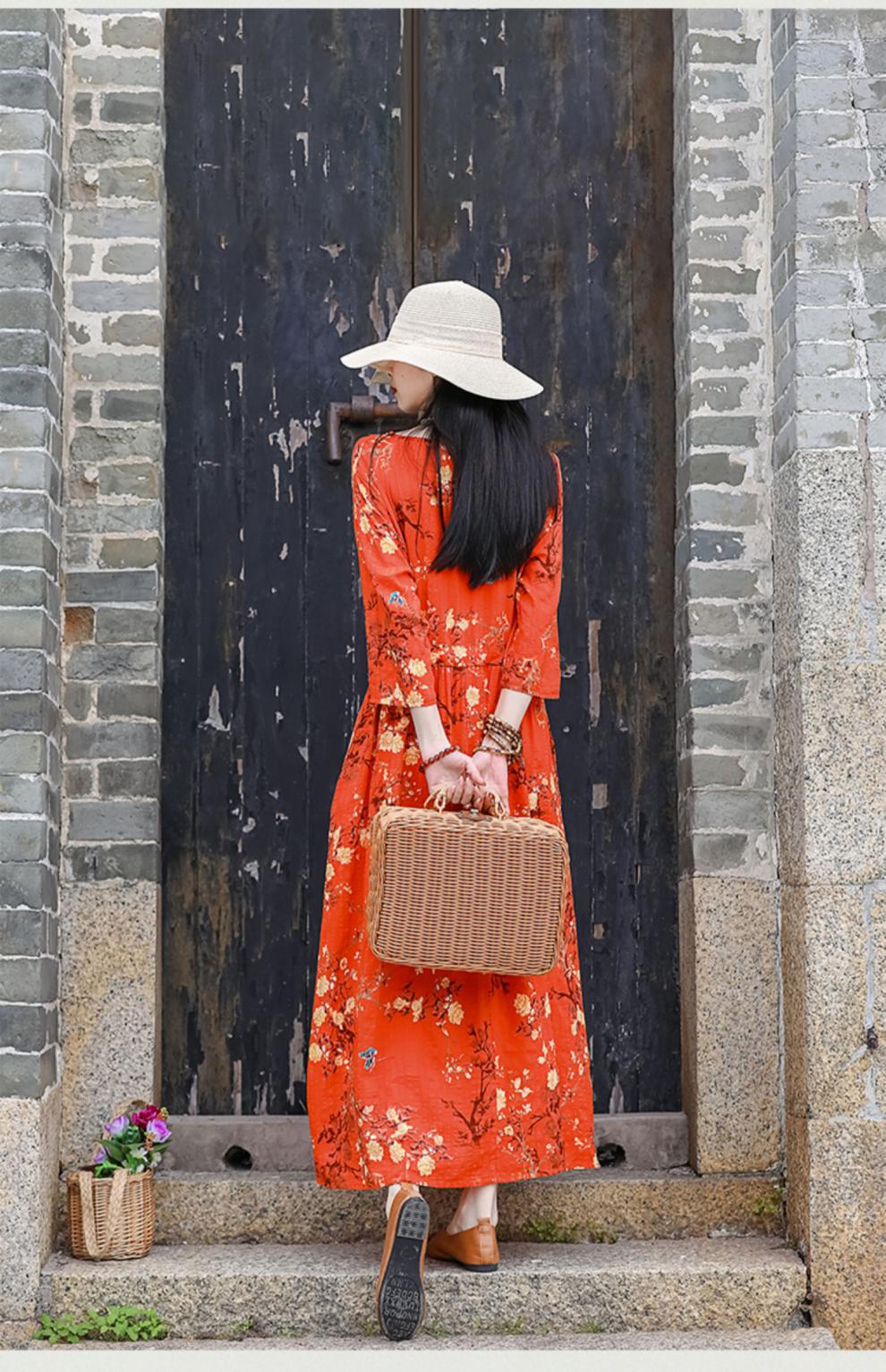 2024夏季新款中年妈妈复古文艺印花棉麻收腰连衣裙宽松大摆长裙女详情39