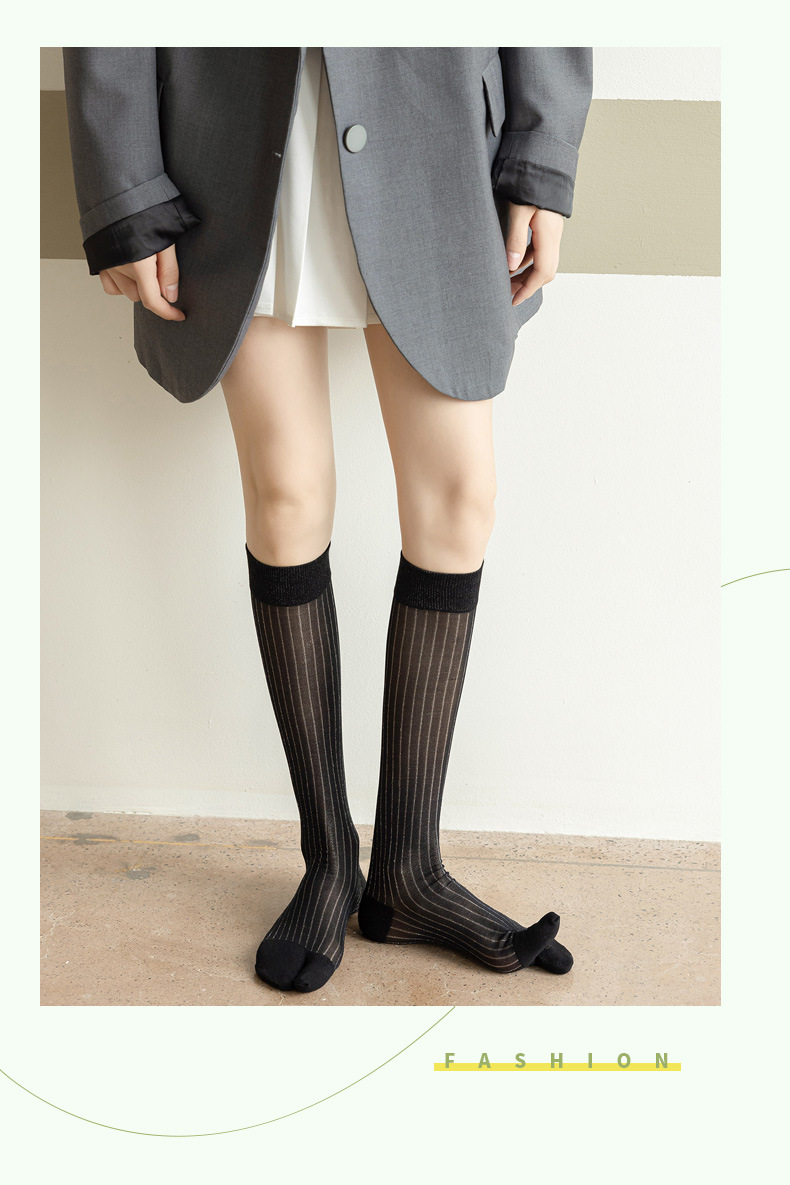 春夏纯色薄款分指中筒堆堆袜分趾猪鼻子鞋黑白及膝小腿袜坑条长袜详情16