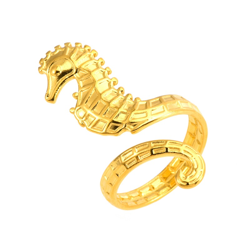 Wholesale of 18k gold stainless steel seahorse open ring with Marine elements in the classic INS style of Europe and America, which does not fade pic 18