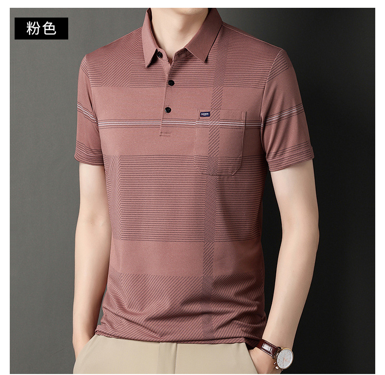 爸爸装夏季翻领冰丝短袖t恤男真口袋薄款条纹中老年男士polo衫详情19