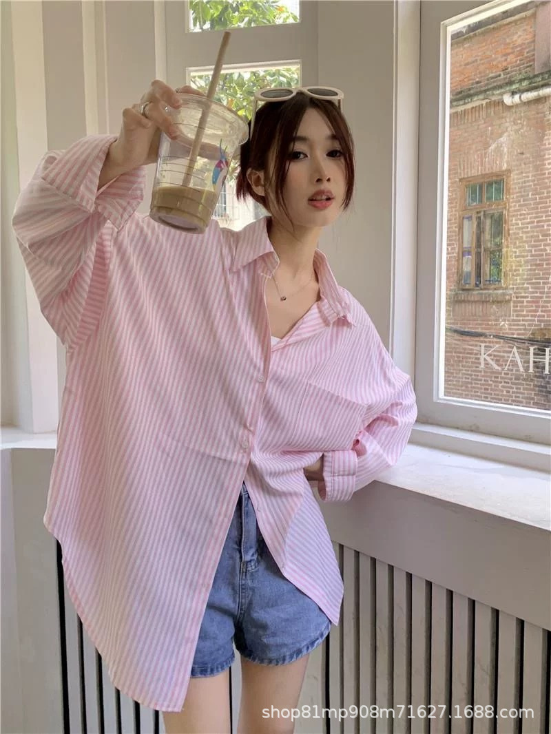 蓝色条纹高级感气质衬衣外套女装夏季慵懒风宽松休闲防晒衬衫上衣详情7