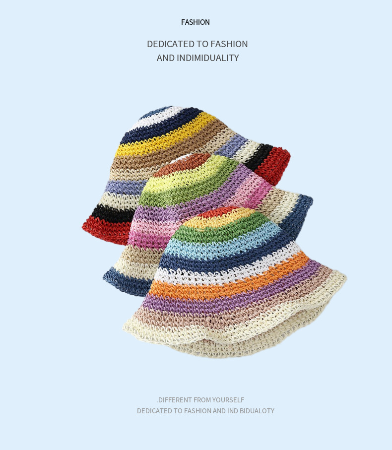 夏季韩国遮阳帽海边防晒帽子女小清新编织渔夫帽彩虹手工草帽详情5