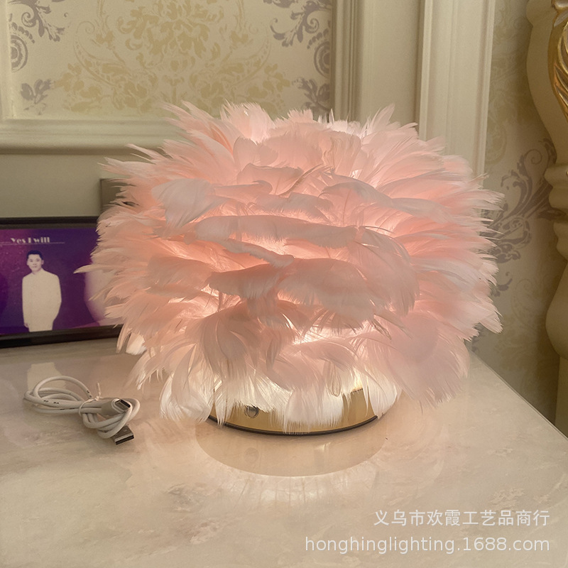USB charging feather table lamp for bedroom, simple, modern and creative Nordic style, warm and romantic wedding bedside lamp pic 6