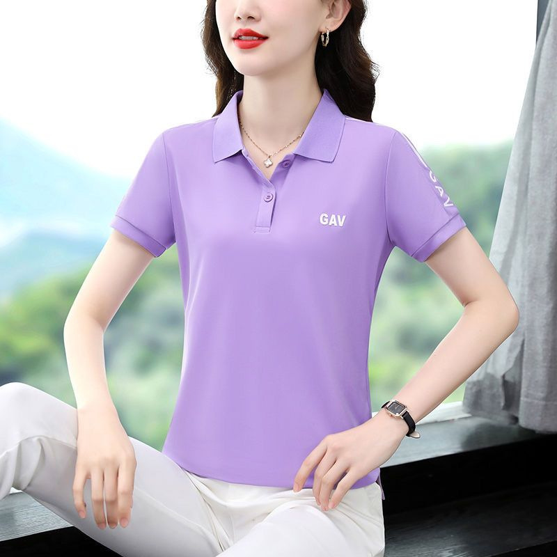 夏季新款短袖t恤女翻领大码宽松休闲中年妈妈POLO衫纯色运动上衣详情3