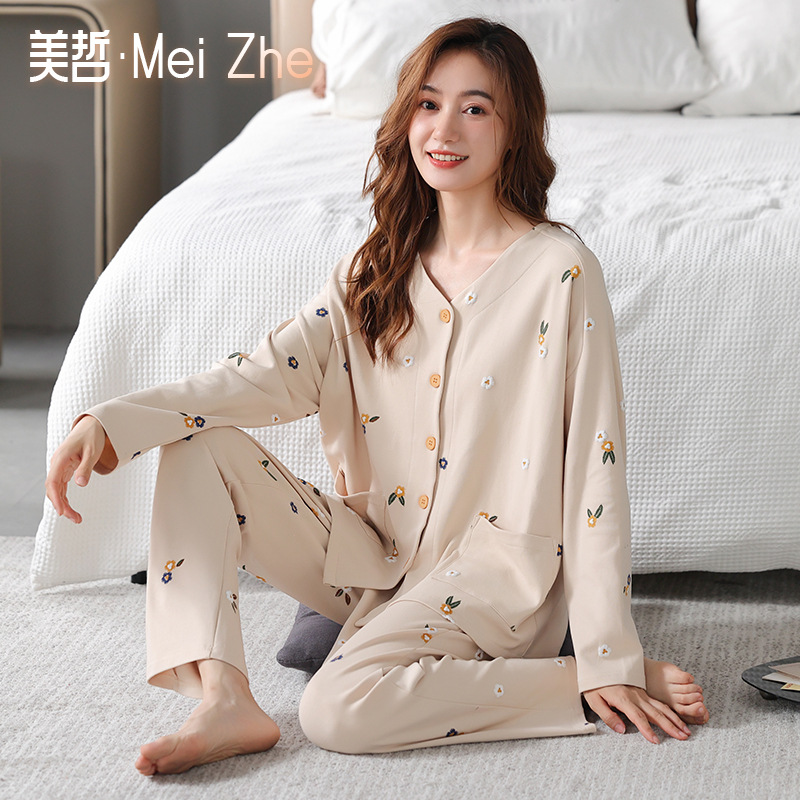 爆款长袖纯棉睡衣女春秋韩版甜美品质开衫学生全棉舒适家居服套装详情2