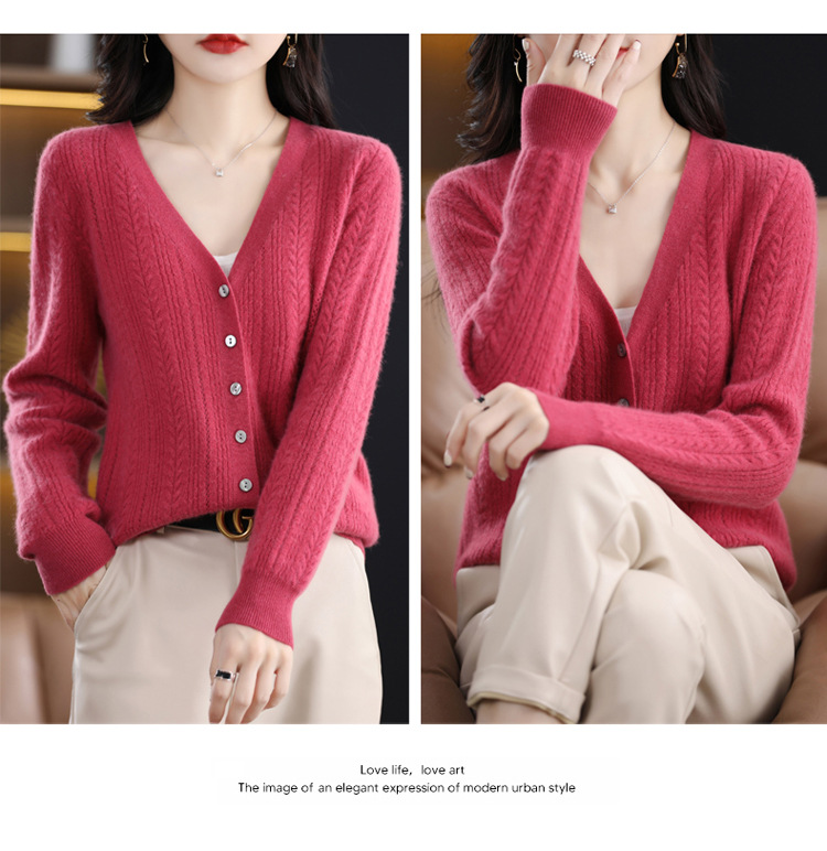 绒狼2023秋冬新款女士V领羊毛针织麻花开衫宽松长袖短款外套女详情26