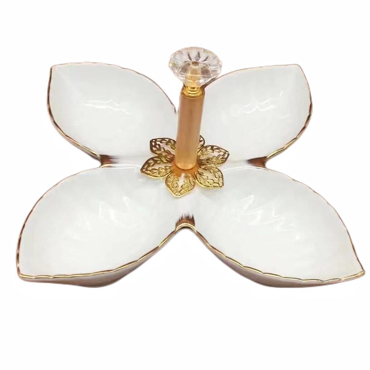 A pure white petal-shaped fruit platter with electroplated gold and multiple compartments, a hand-held restaurant banquet food platter pic 10