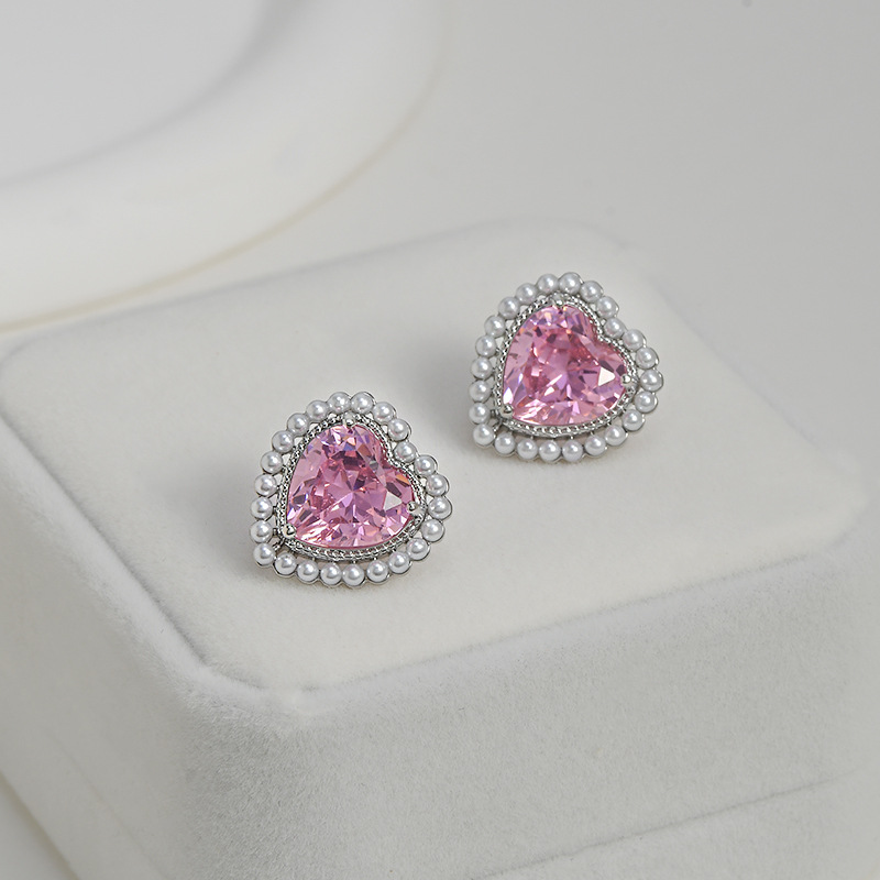 秋冬新款微镶锆石气质耳钉女S925银针高级感粉色爱心耳饰珍珠耳坠详情8