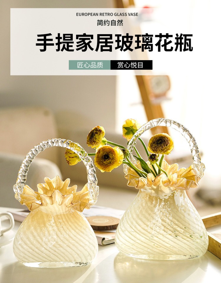 High-end, exquisite and light luxury glass handbags, vases, glass flower baskets, living room home soft decoration, flower arrangement ornaments pic 1