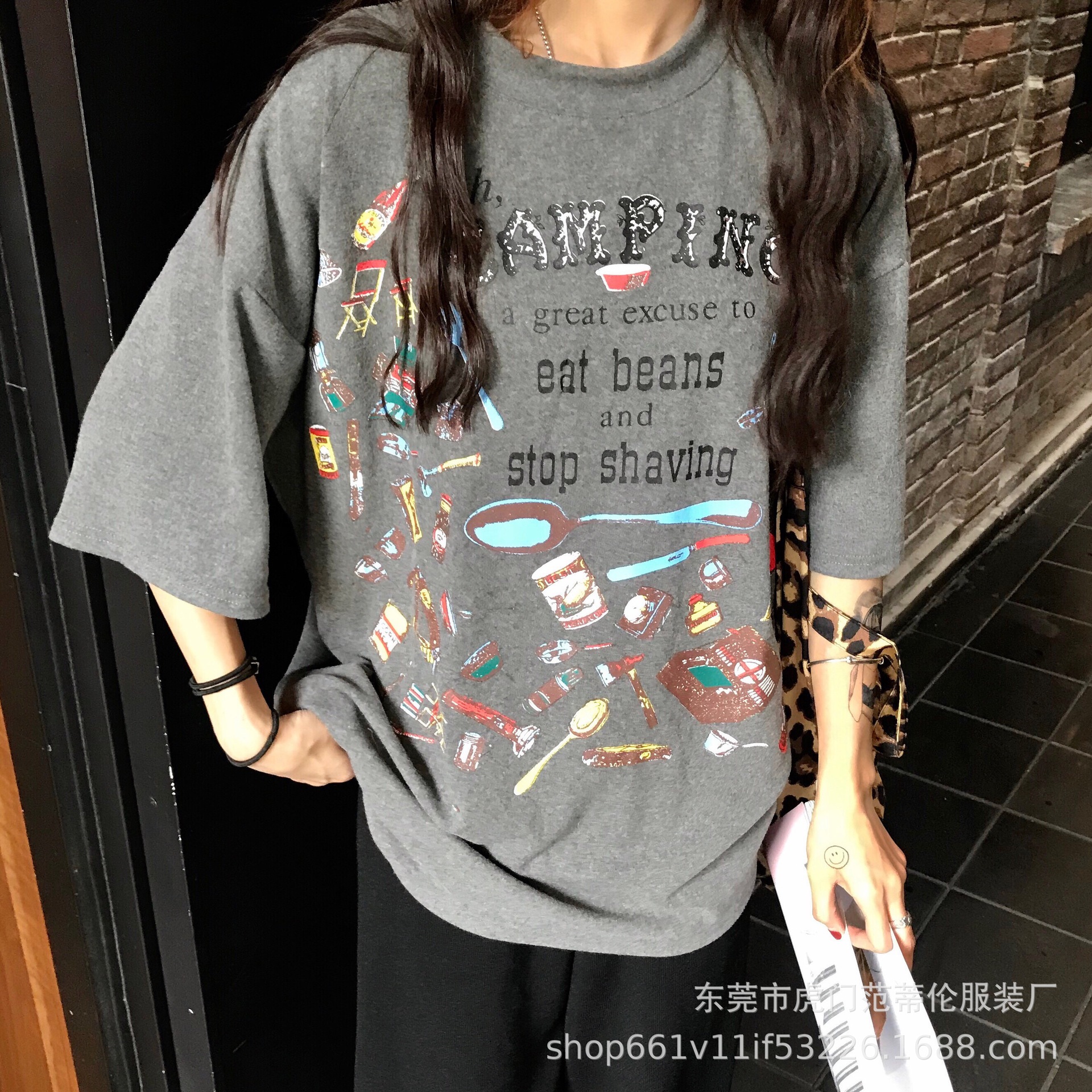 短袖T恤女2023夏季新款韩版宽松大码女士中长款时尚印花地摊批发详情5