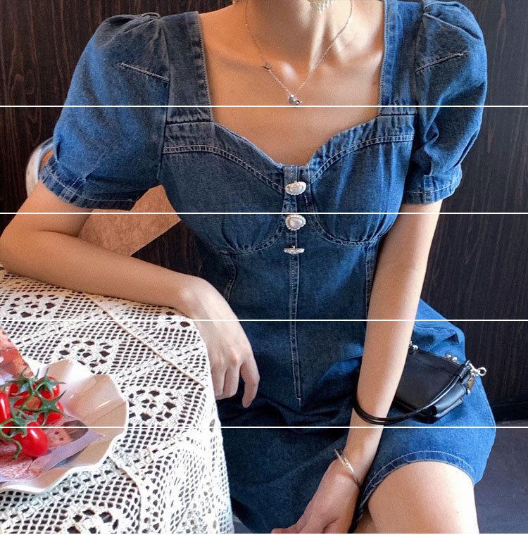 大码可盐可甜法式复古方领高腰牛仔连衣裙夏女小个子微胖甜美短裙详情8