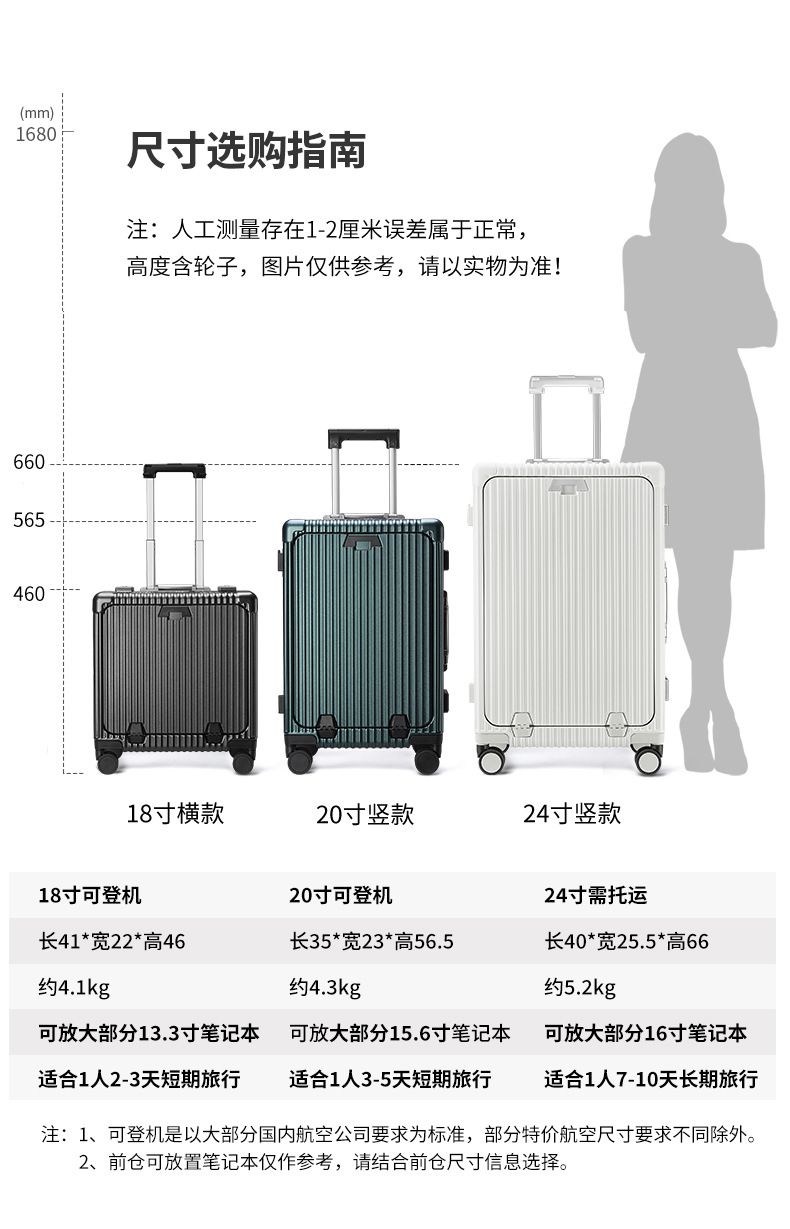 多功能行李箱前开口登机箱pc铝框密码拉杆箱20寸万向轮充电旅行箱详情4