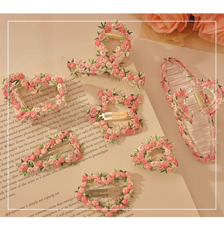 High-end pink flower hairpin for women, 2025 new style sweet heart-shaped BB clip, side bangs hairpin headwear pic 43