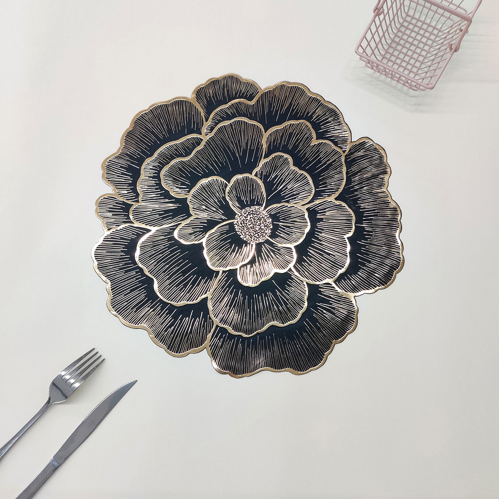 Foreign trade cross-border pvc gold-embossed placemats, heat-insulating table MATS, hotel and restaurant waterproof oil solid bottom rose Western placemats pic 6