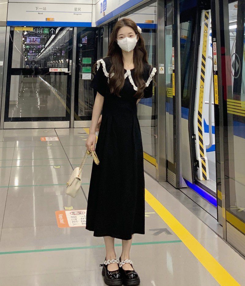 法式减龄娃娃领连衣裙大码夏装胖妹妹显瘦遮肉赫本风气质黑色长裙详情4