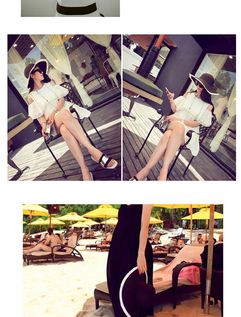 Black and white striped folding summer wide-brimmed sun hat for women, sun-protective beach straw woven hat pic 5
