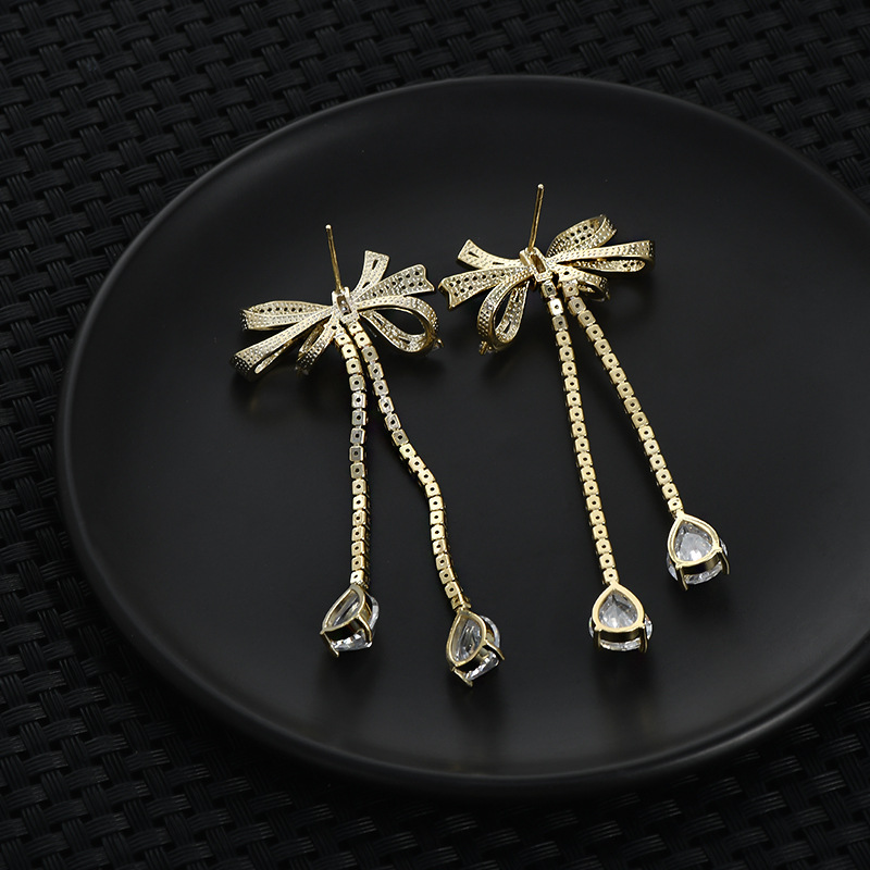 重工微镶锆石气质耳环女S925银针高级感蝴蝶结耳饰欧美风流苏耳钉详情8