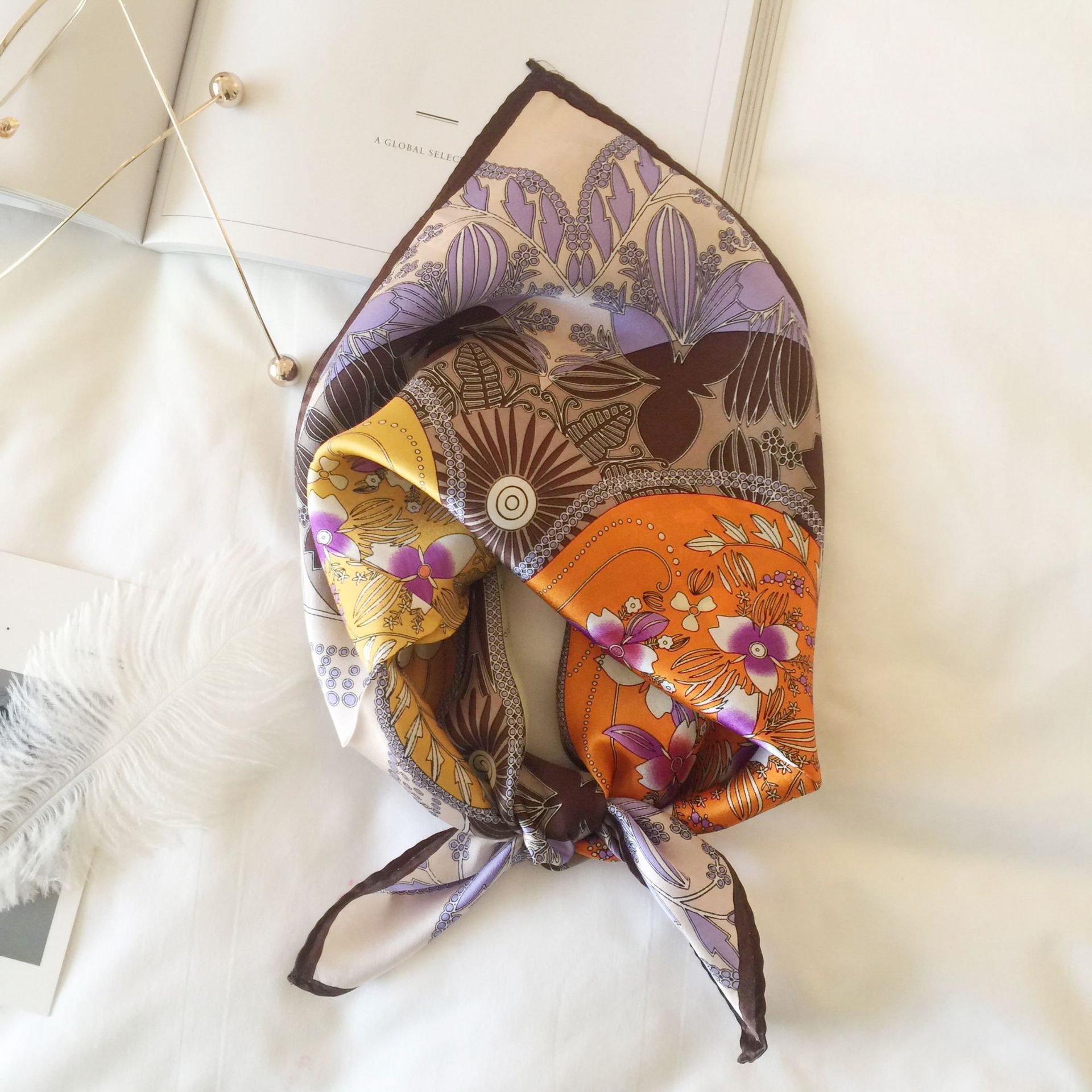 Wholesale silk scarves for overseas gifts and return gifts, cross-border silk autumn and winter decorative plain crepe satin 53cm floral neckerchiefs, small square scarves pic 88