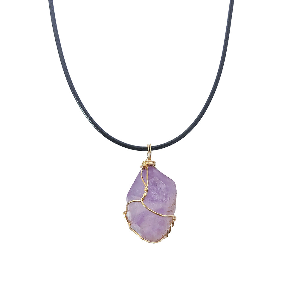 Cross-border winding jewelry: Yellow crystal raw stone winding pendant, pink amethyst fluorite, Dongling jade irregular stone necklace pic 10