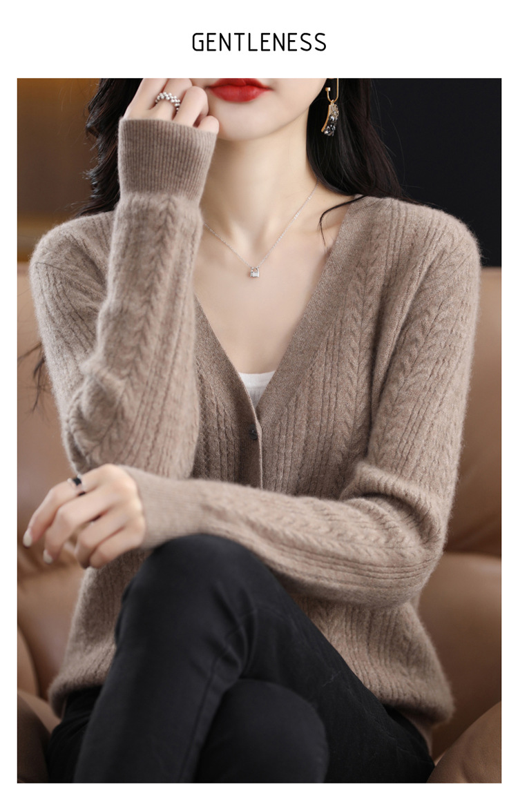 绒狼2023秋冬新款女士V领羊毛针织麻花开衫宽松长袖短款外套女详情11
