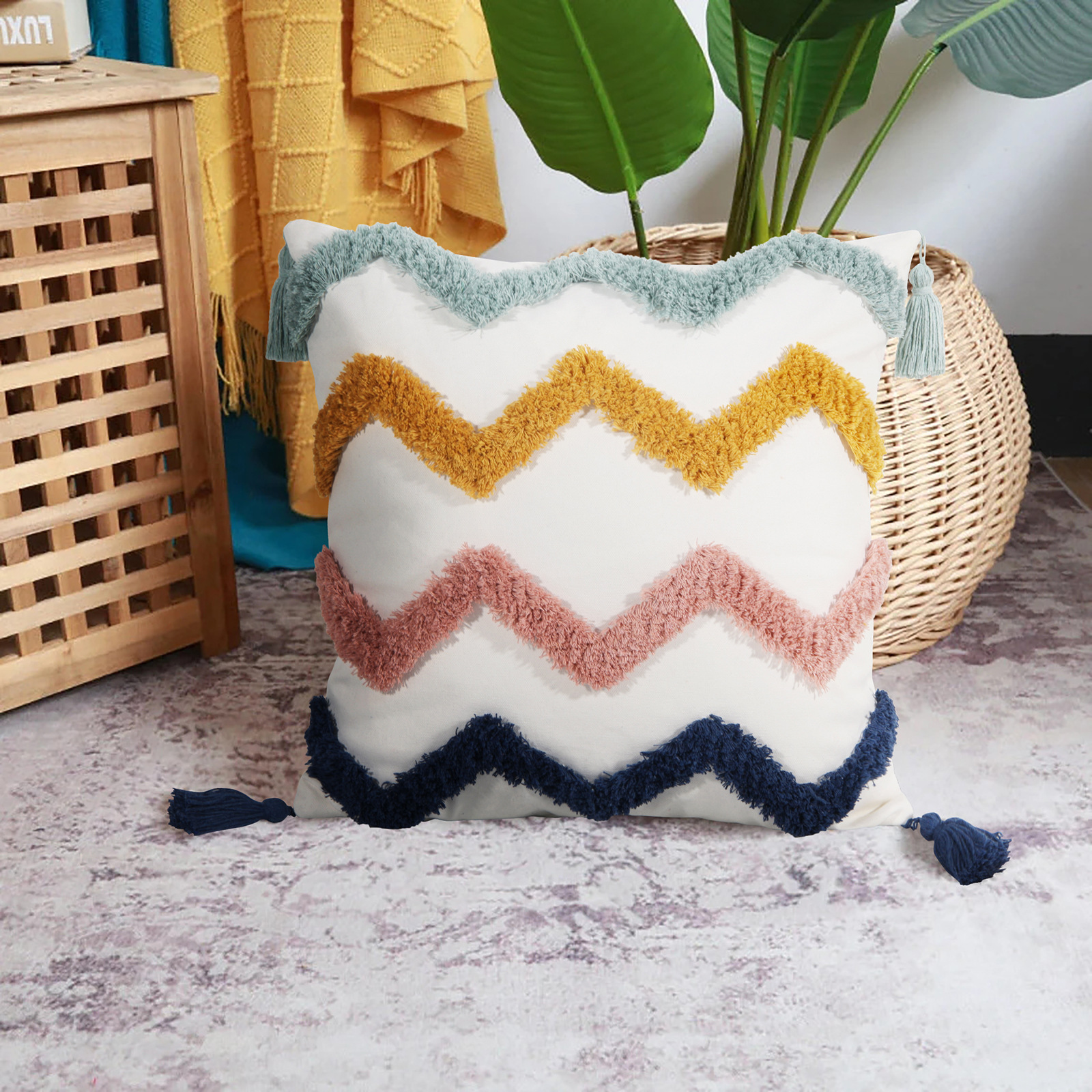 北欧风摩洛哥风格波浪线多色簇绒抱枕套双色手工流苏沙发靠垫套详情3