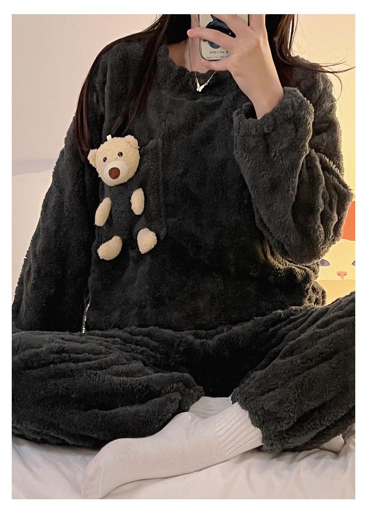 秋冬季女士法兰绒睡衣女冬款长袖加厚加绒可爱女生家居服套装详情27