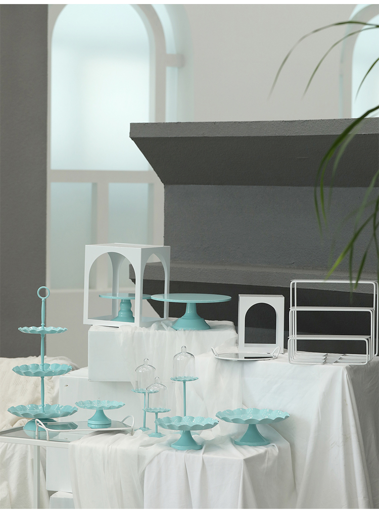 蒂凡尼蓝色婚礼甜品架 铁艺蛋糕盘 周岁宴摆台道具 白色镜面托盘详情2