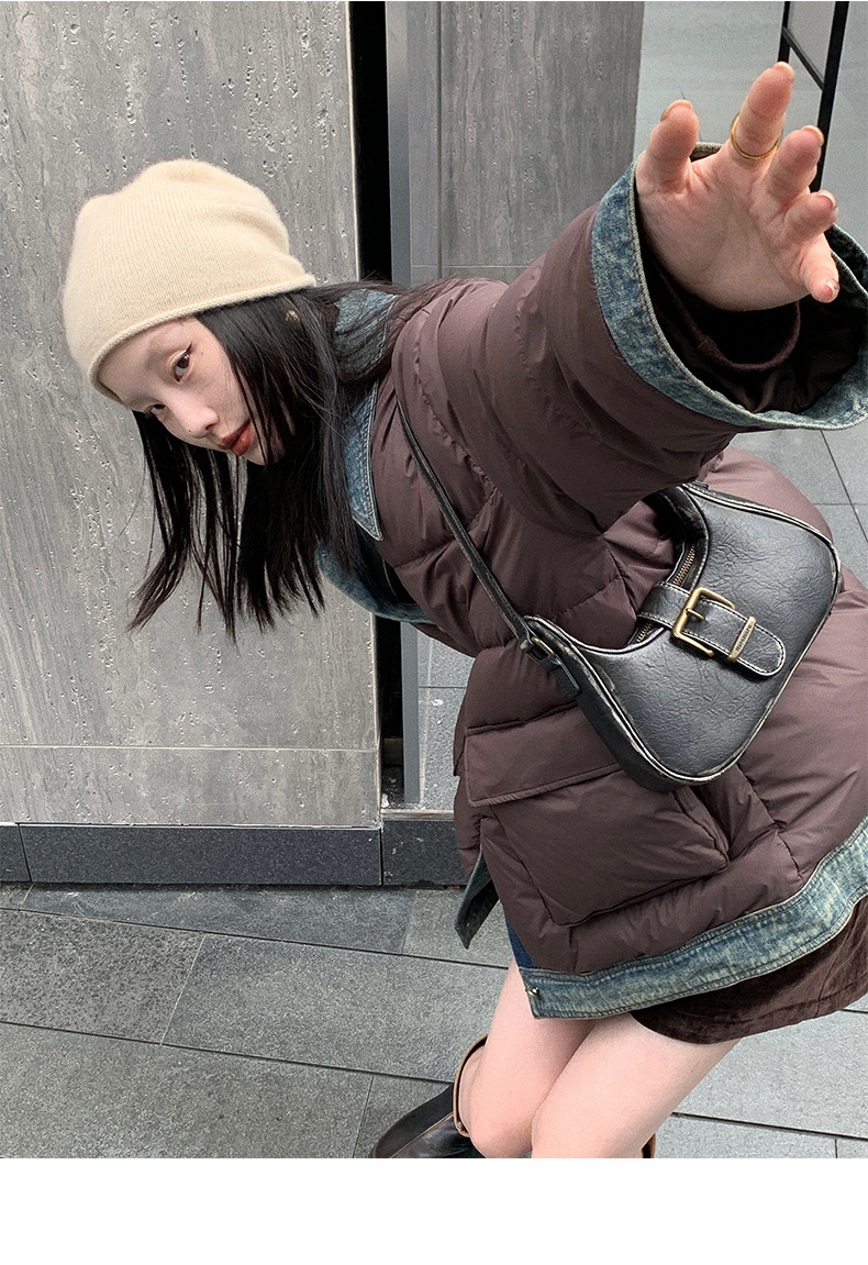 Qumeng DT CLASSIC Retro patchwork fake two-piece denim down jacket for women, 90 white duck down winter coat for women pic 19