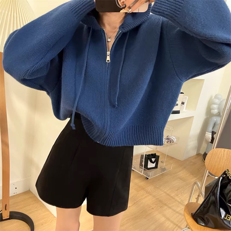 韩系设计感拉链连帽针织开衫女春秋新款宽松休闲短款慵懒毛衣外套详情34