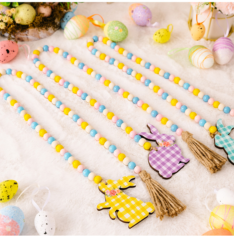 New cross-border Easter decorative items: Easter bead strings, checkered printed rabbits, wooden pendants, and colorful beads pic 8