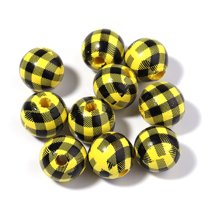 千鸟格木珠DIY挂饰装饰串珠彩色格子木珠配件条纹印花带孔木珠详情20