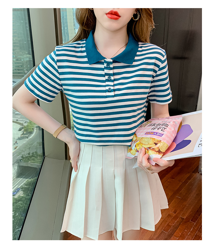 Verano coreano versión rayas mujer commuter patchwork color polo cuello manga corta camiseta mujer diseño sentido moda legging pic 17