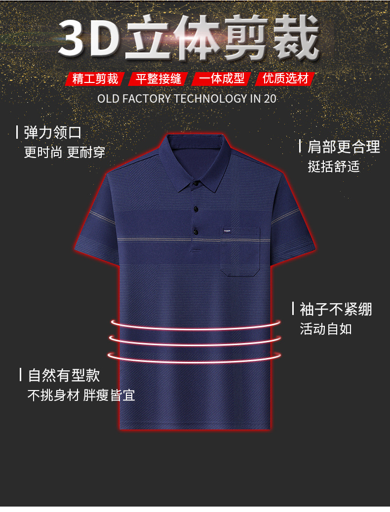 爸爸装夏季翻领冰丝短袖t恤男真口袋薄款条纹中老年男士polo衫详情7