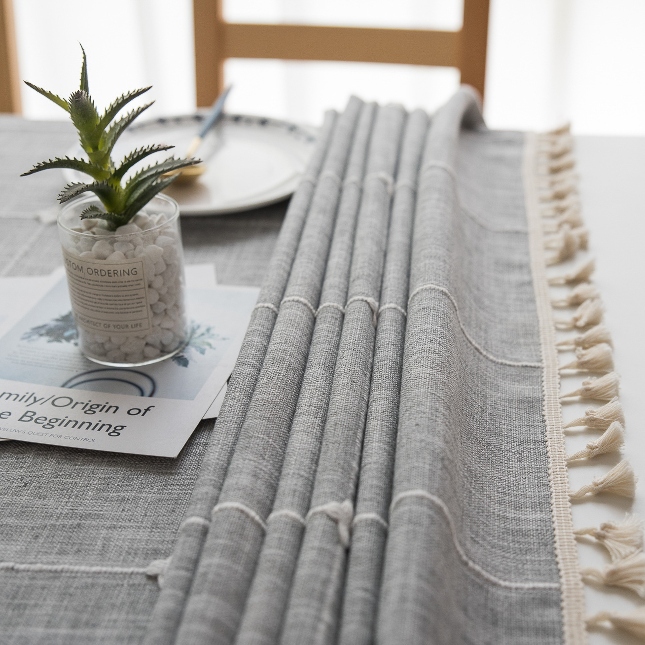 Cross-border Amazon farmhouse antique embroidery party tablecloth, cotton and linen outdoor linen coarse linen waterproof cover tablecloth pic 4