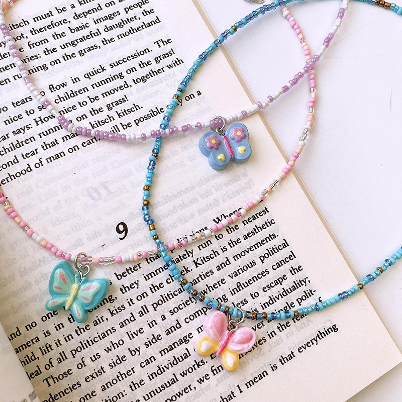 日韩彩色串珠项链童趣卡通可爱儿童蝴蝶爱心锁骨链多巴胺少女饰品详情13