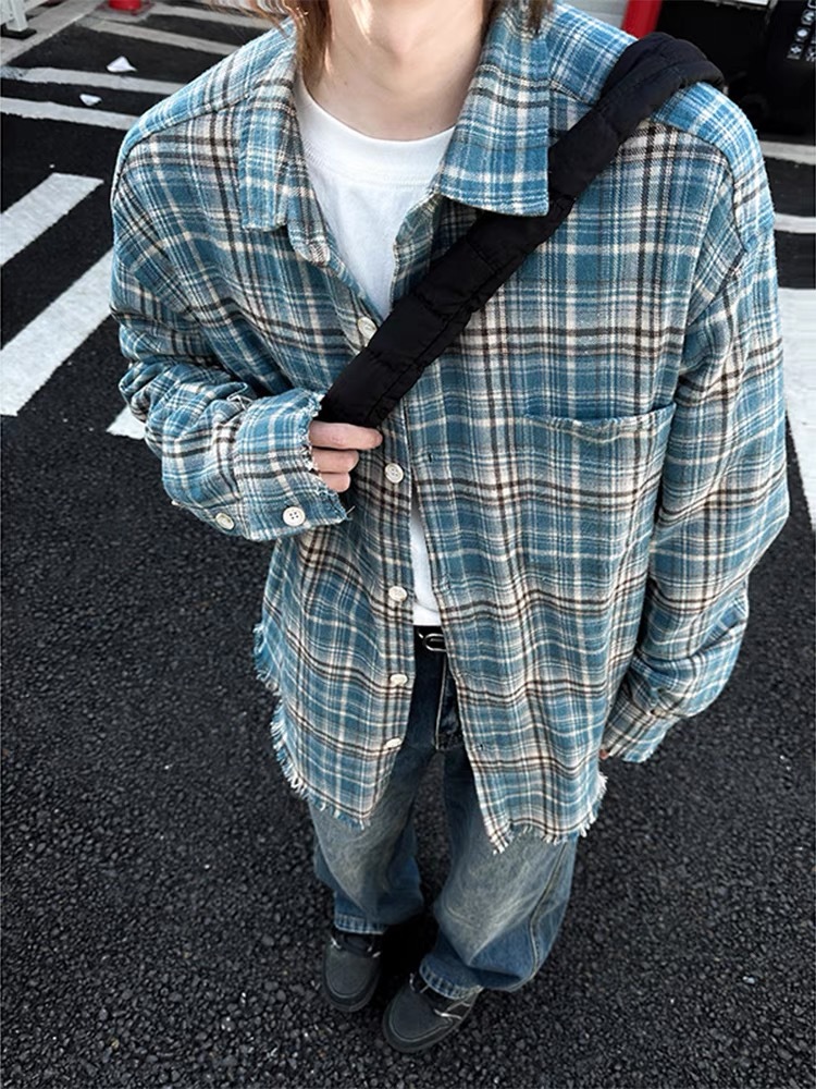 高货复古格纹法兰绒流苏破坏格子衬衫cleanfit设计感男女春季上衣详情11