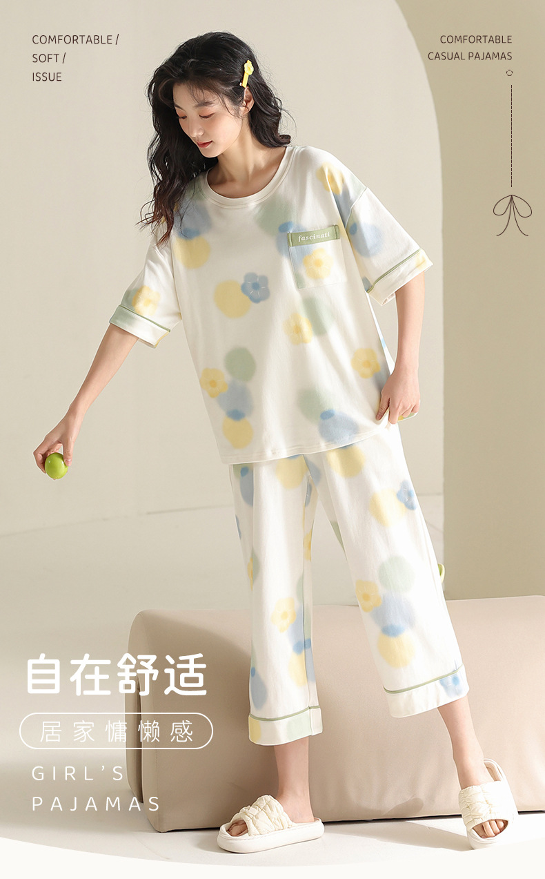沛妍纯棉睡衣女夏季短袖七分裤中年妈妈宽松加大码全棉家居服套装详情1